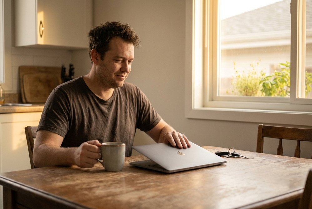 The same Monday morning, coffee in hand, closing the laptop and heading out