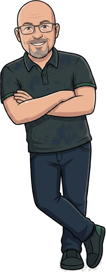 Cartoon Sean Donahoe leaning on the panel with his arms folded