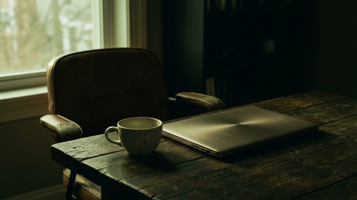 A closed laptop and an empty cup on a table, the chair pushed back