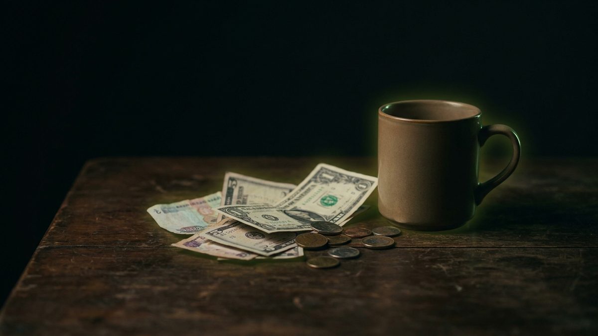 A small handful of notes and coins on a table next to a mug